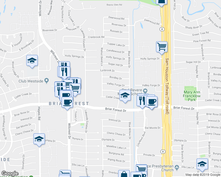map of restaurants, bars, coffee shops, grocery stores, and more near 10731 Longmont Drive in Houston