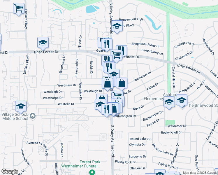 map of restaurants, bars, coffee shops, grocery stores, and more near 1723 Westbranch Drive in Houston