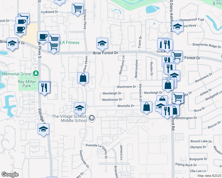 map of restaurants, bars, coffee shops, grocery stores, and more near 12902 Westleigh Drive in Houston