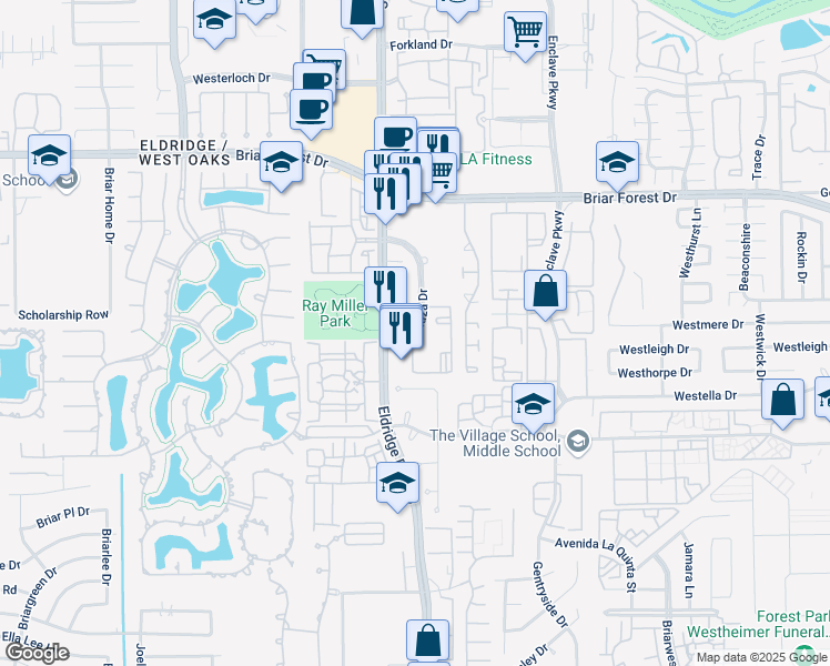 map of restaurants, bars, coffee shops, grocery stores, and more near 1755 Crescent Plaza Drive in Houston