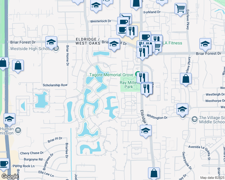 map of restaurants, bars, coffee shops, grocery stores, and more near 13611 Neils Branch Drive in Houston