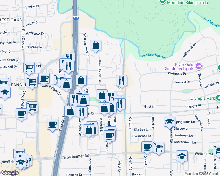 map of restaurants, bars, coffee shops, grocery stores, and more near 4545 Post Oak Place Drive in Houston