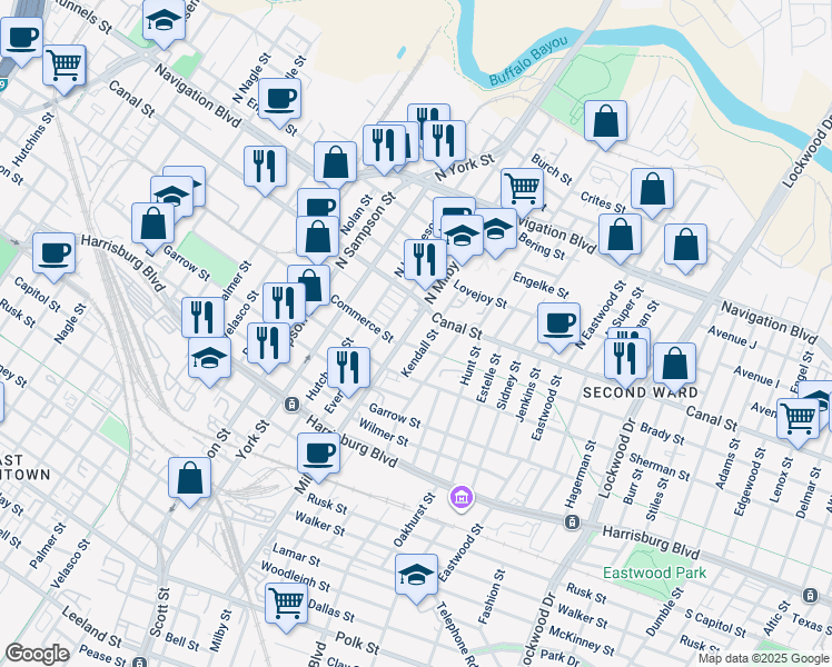 map of restaurants, bars, coffee shops, grocery stores, and more near 3808 Commerce Street in Houston