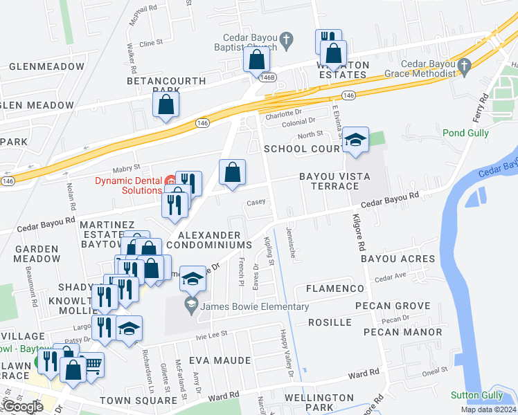 map of restaurants, bars, coffee shops, grocery stores, and more near 2105 Cedar Bayou Road in Baytown