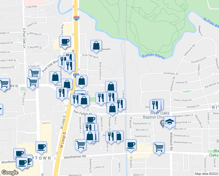 map of restaurants, bars, coffee shops, grocery stores, and more near 4545 Post Oak Place Drive in Houston