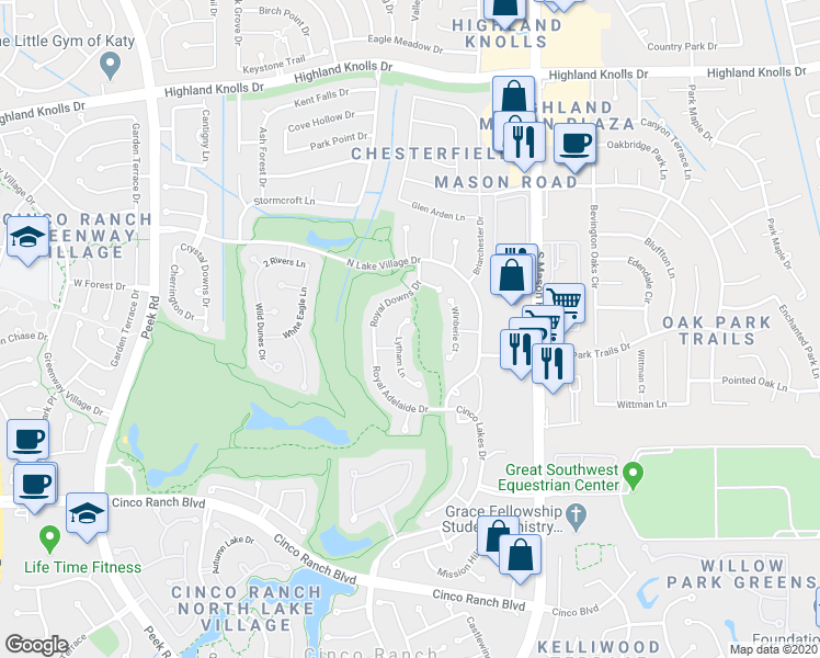 map of restaurants, bars, coffee shops, grocery stores, and more near 1915 Lytham Lane in Katy
