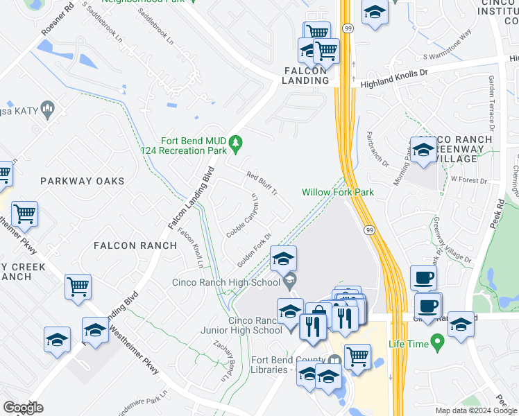 map of restaurants, bars, coffee shops, grocery stores, and more near 24710 Cobble Canyon Lane in Katy