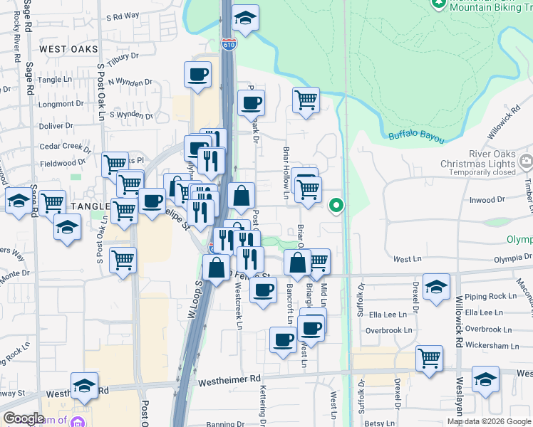 map of restaurants, bars, coffee shops, grocery stores, and more near 1900 Post Oak Park Drive in Houston