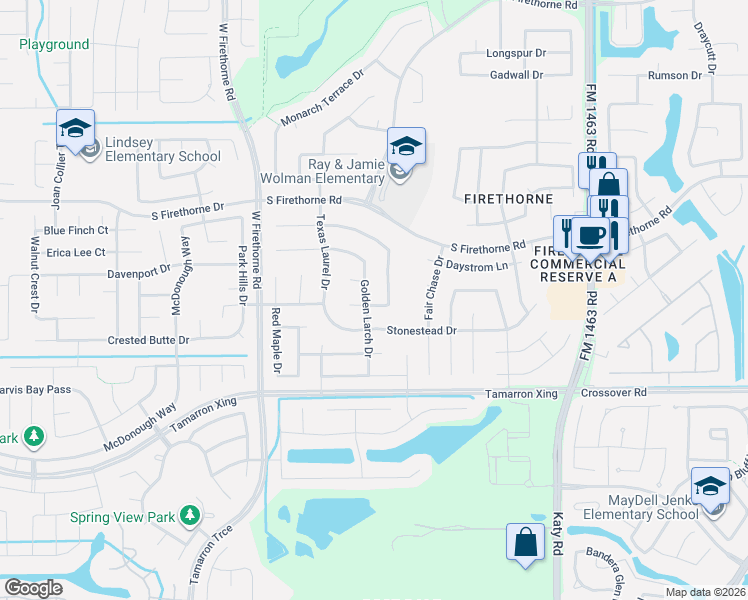 map of restaurants, bars, coffee shops, grocery stores, and more near 28407 Woodlark Drive in Katy