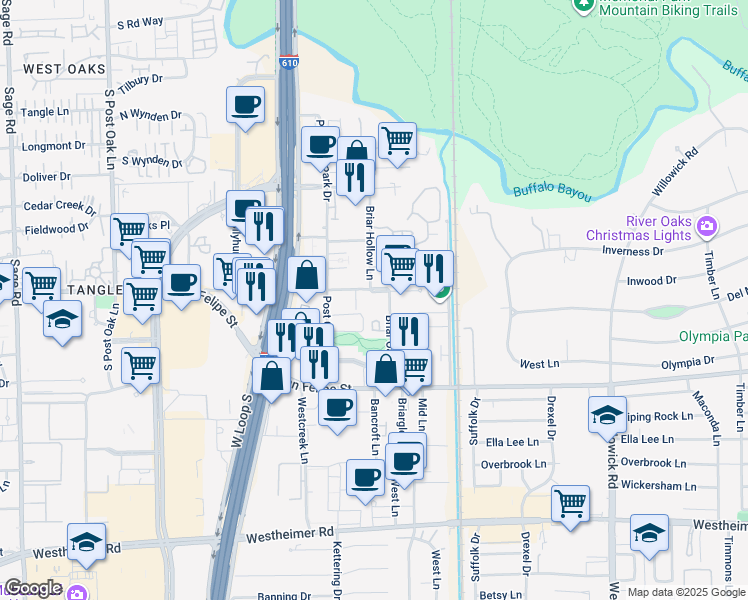map of restaurants, bars, coffee shops, grocery stores, and more near 4605 Post Oak Place Drive in Houston