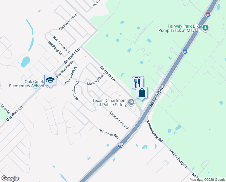 map of restaurants, bars, coffee shops, grocery stores, and more near 138 Woodpecker Run in New Braunfels