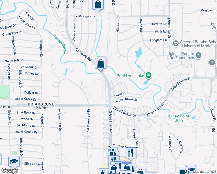 map of restaurants, bars, coffee shops, grocery stores, and more near 2900 South Gessner Road in Houston