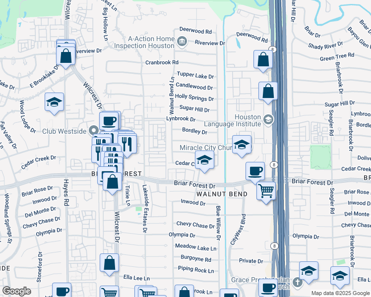 map of restaurants, bars, coffee shops, grocery stores, and more near 10731 Longmont Drive in Houston
