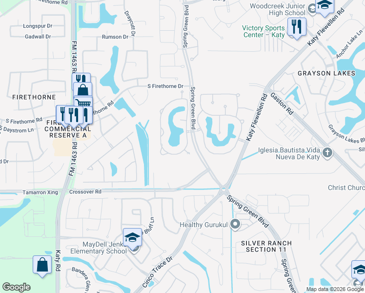 map of restaurants, bars, coffee shops, grocery stores, and more near 2815 Rainflower Meadow Lane in Katy
