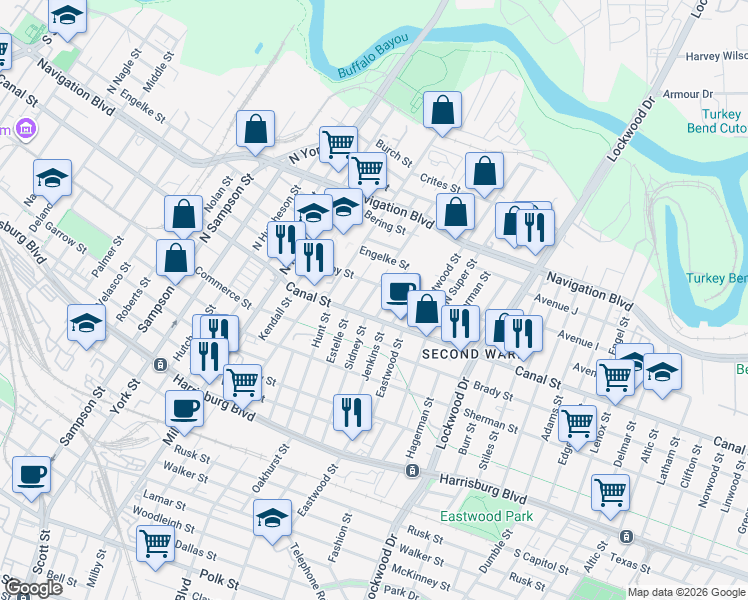 map of restaurants, bars, coffee shops, grocery stores, and more near 105 North Jenkins Street in Houston