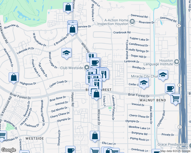 map of restaurants, bars, coffee shops, grocery stores, and more near 1300 Wilcrest Drive in Houston