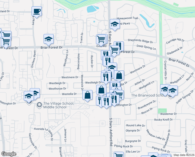 map of restaurants, bars, coffee shops, grocery stores, and more near 12622 Westleigh Drive in Houston
