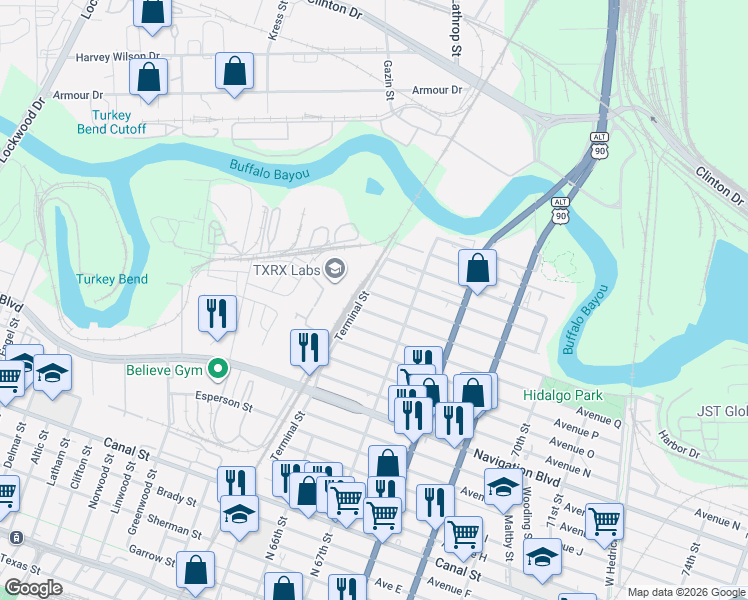 map of restaurants, bars, coffee shops, grocery stores, and more near 1710 Terminal Street in Houston