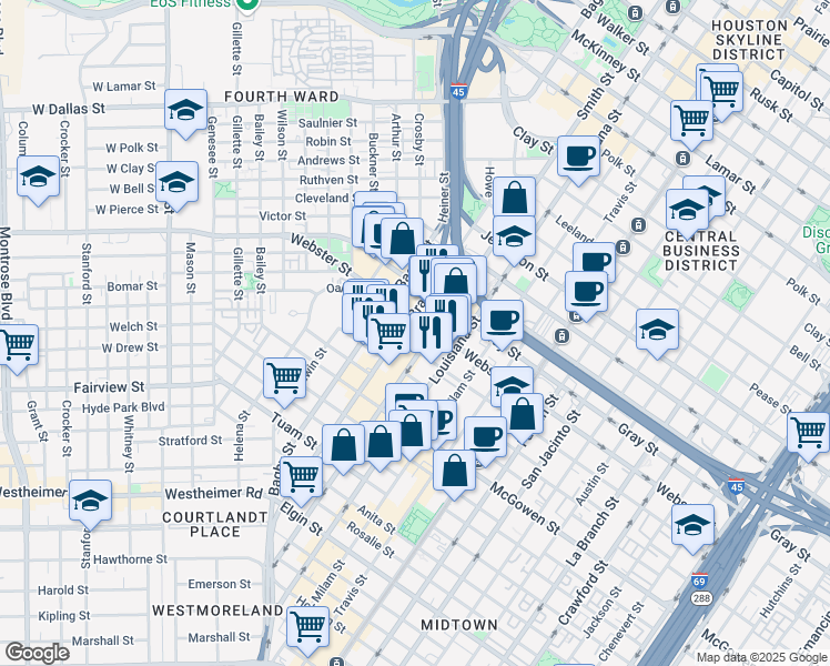 map of restaurants, bars, coffee shops, grocery stores, and more near 612 Hadley Street in Houston