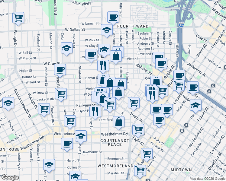 map of restaurants, bars, coffee shops, grocery stores, and more near 2716 Boston Street in Houston