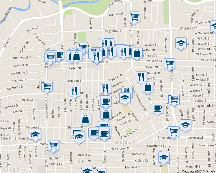 map of restaurants, bars, coffee shops, grocery stores, and more near 1812 Ridgewood Street in Houston
