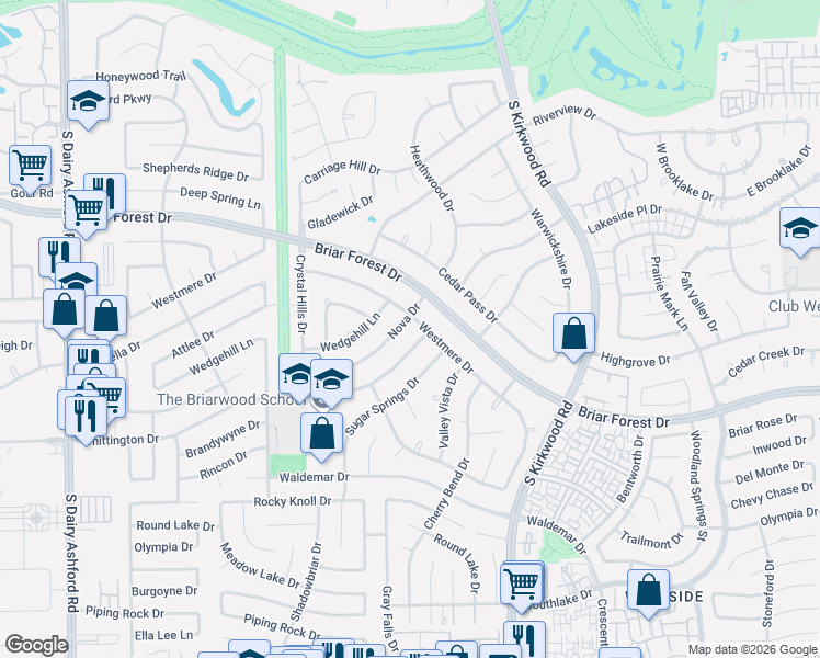 map of restaurants, bars, coffee shops, grocery stores, and more near 12005 Whittington Drive in Houston