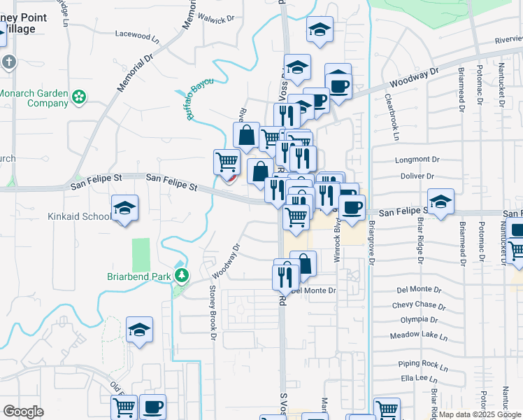 map of restaurants, bars, coffee shops, grocery stores, and more near 7575 San Felipe Street in Houston