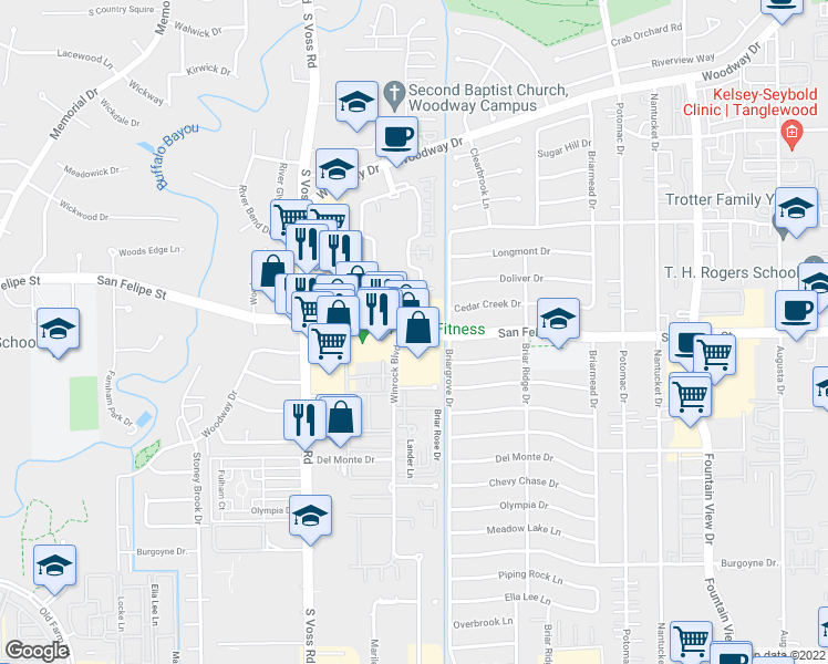 map of restaurants, bars, coffee shops, grocery stores, and more near 6364 San Felipe Street in Houston