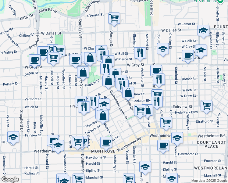 map of restaurants, bars, coffee shops, grocery stores, and more near 1408 Indiana Street in Houston