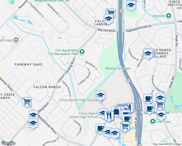 map of restaurants, bars, coffee shops, grocery stores, and more near 24523 Lower Canyon Lane in Katy