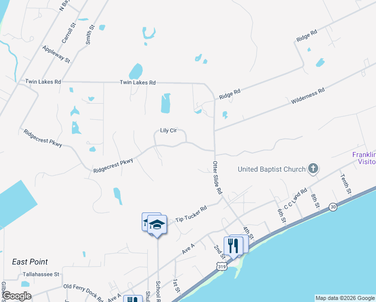 map of restaurants, bars, coffee shops, grocery stores, and more near 390 Ridgecrest Parkway in Eastpoint