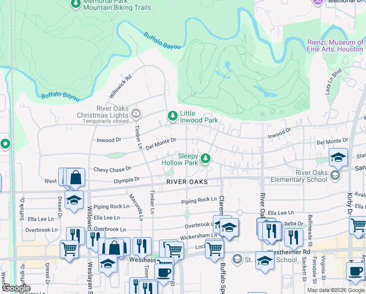 map of restaurants, bars, coffee shops, grocery stores, and more near 3501 Chevy Chase Drive in Houston