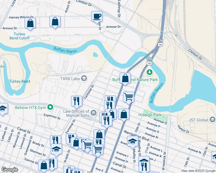 map of restaurants, bars, coffee shops, grocery stores, and more near 6716 Avenue South in Houston
