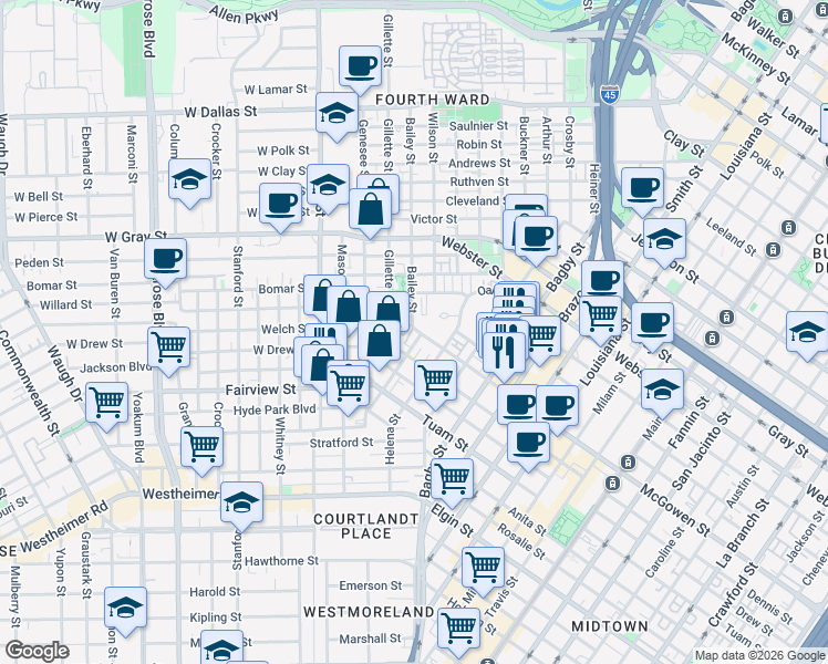 map of restaurants, bars, coffee shops, grocery stores, and more near 2619 Albany Street in Houston