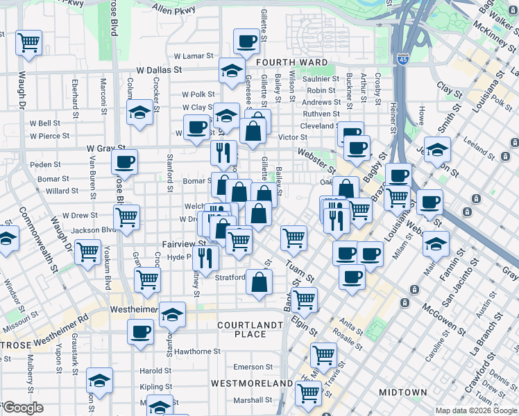 map of restaurants, bars, coffee shops, grocery stores, and more near 2716 Boston Street in Houston