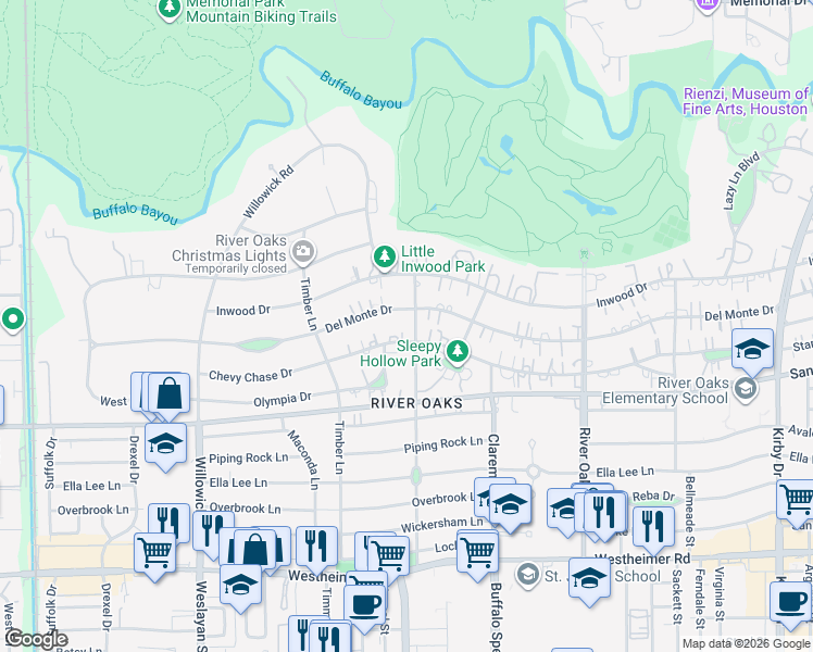 map of restaurants, bars, coffee shops, grocery stores, and more near 3501 Chevy Chase Drive in Houston