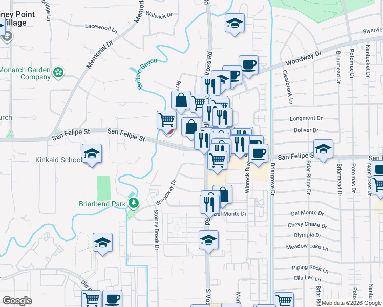 map of restaurants, bars, coffee shops, grocery stores, and more near 7508 Creekwood Drive in Houston