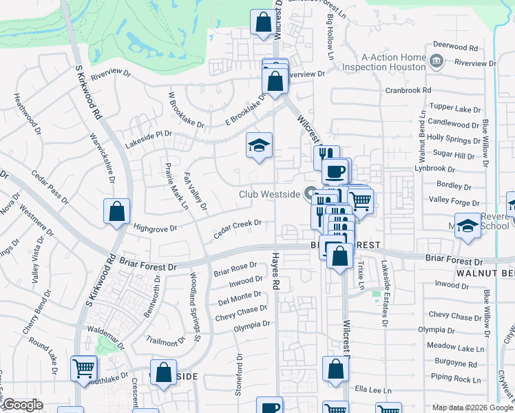 map of restaurants, bars, coffee shops, grocery stores, and more near 11310 Cedar Creek Drive in Houston