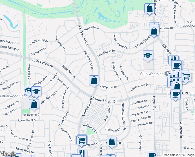 map of restaurants, bars, coffee shops, grocery stores, and more near 1734 South Kirkwood Road in Houston