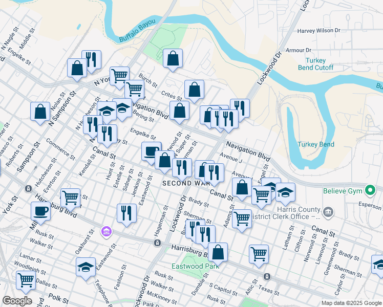 map of restaurants, bars, coffee shops, grocery stores, and more near 4613 Schroeder Street in Houston