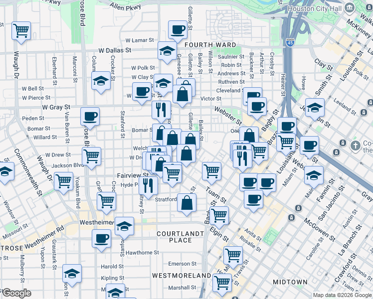 map of restaurants, bars, coffee shops, grocery stores, and more near 2716 Boston Street in Houston