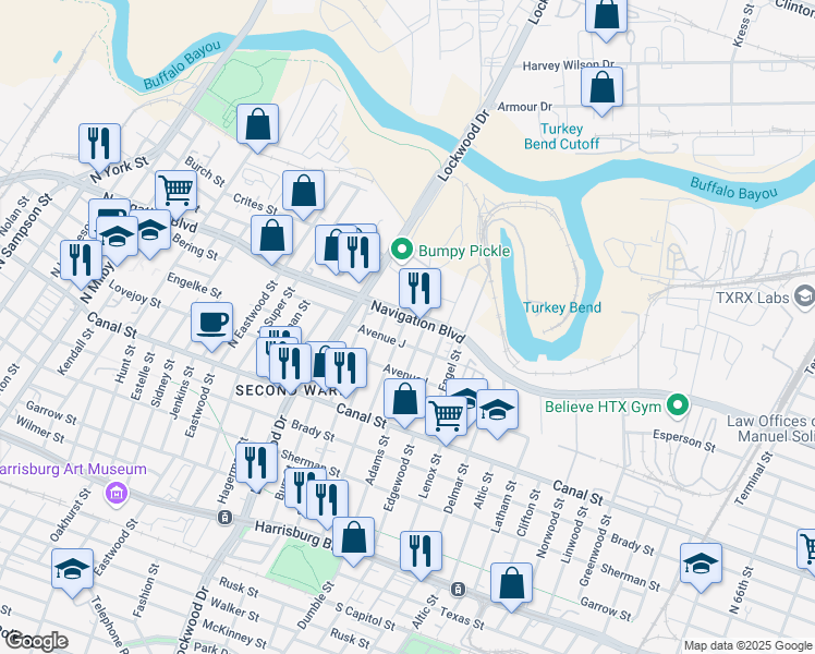 map of restaurants, bars, coffee shops, grocery stores, and more near 5002 Navigation Boulevard in Houston
