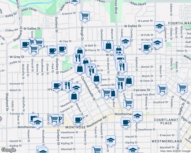 map of restaurants, bars, coffee shops, grocery stores, and more near 1307 Welch Street in Houston