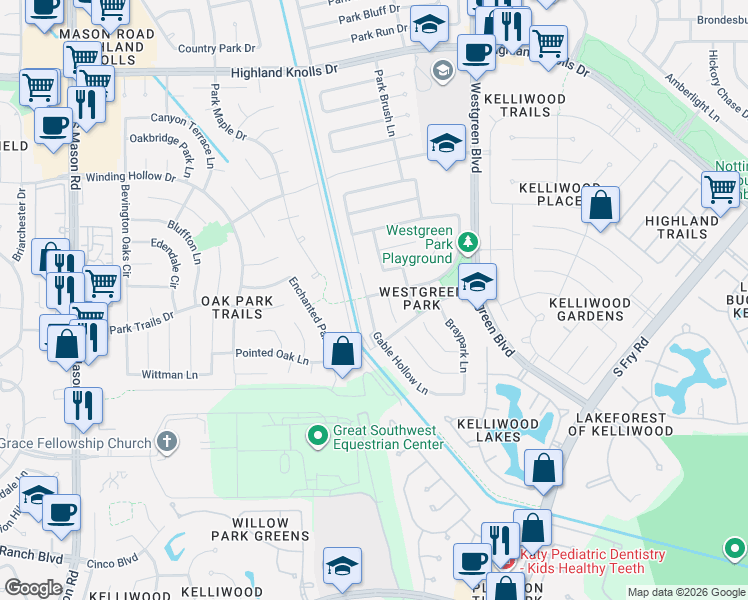 map of restaurants, bars, coffee shops, grocery stores, and more near 2218 Gable Hollow Lane in Katy
