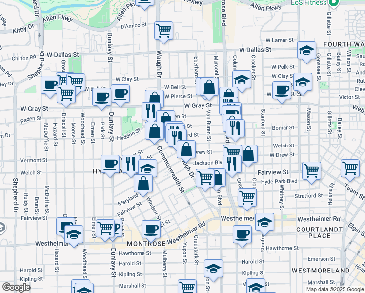 map of restaurants, bars, coffee shops, grocery stores, and more near 1309 Welch Street in Houston
