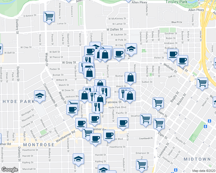 map of restaurants, bars, coffee shops, grocery stores, and more near Stanford St & Welch St in Houston