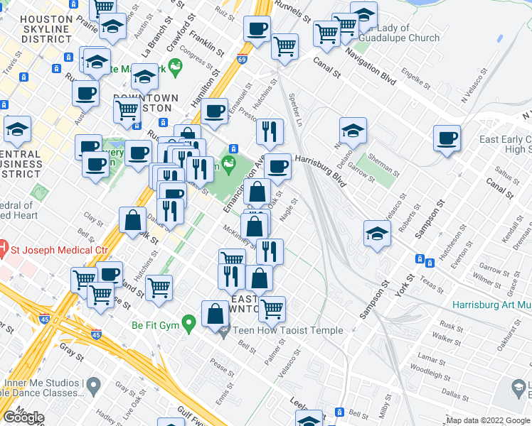 map of restaurants, bars, coffee shops, grocery stores, and more near Live Oak St & Rusk St in Houston