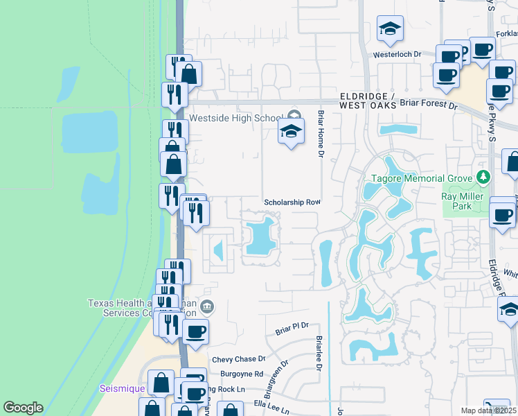map of restaurants, bars, coffee shops, grocery stores, and more near 14323 Belle River Lane in Houston