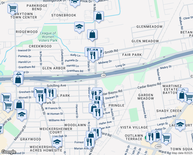 map of restaurants, bars, coffee shops, grocery stores, and more near a2502 North Main Street in Baytown