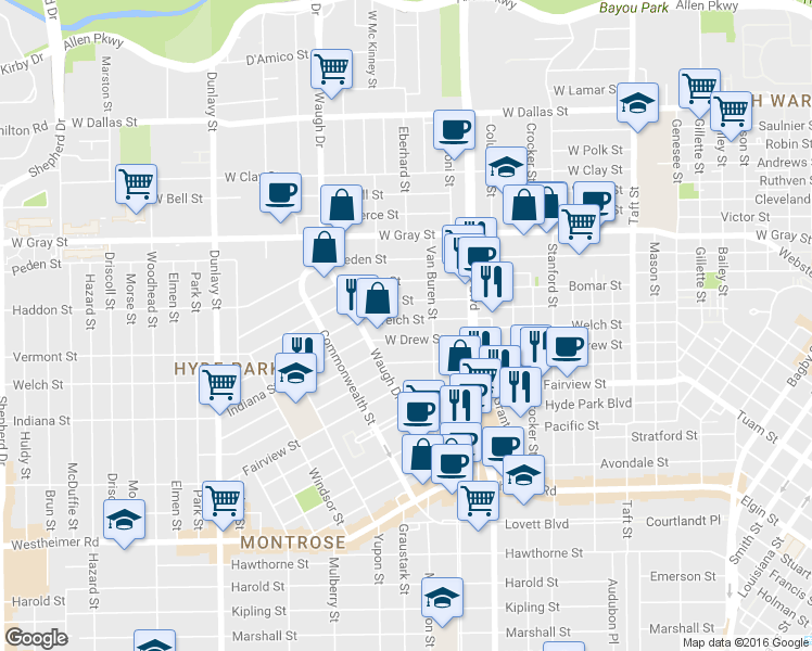 map of restaurants, bars, coffee shops, grocery stores, and more near 1205 West Drew Street in Houston